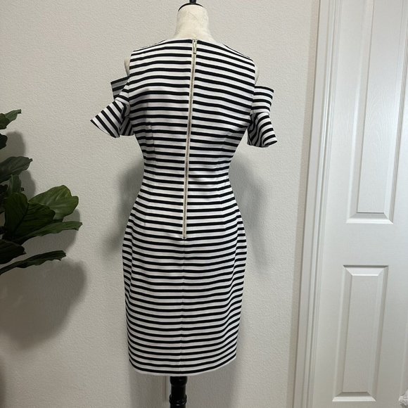 Calvin Klein Women's Stripe Cold Shoulder Sheath Dress Size 10 Black White EUC - Picture 3 of 8